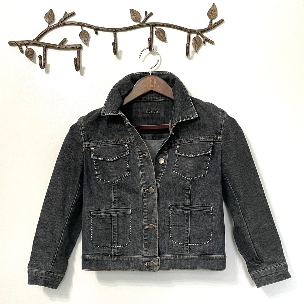 TAHARI Cropped Denim Jean Jacket w/ Mint Accent Stitching Sz. Small 4 6 EUC